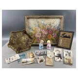 Antq Floral Art Tray, Photos, Brass Relief & More
