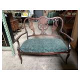 Antique Mahogany Settee w Green Damask Upholstery
