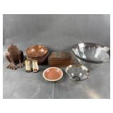 MCM Wooden Salad Bowls, Carved Box & More