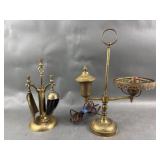 Vtg Mini Brass Fire Tool Set & Student Lamp