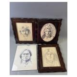 4 Vintage Native American Portrait Drawings
