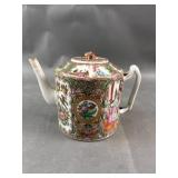 Atq. Porcelain Rose Medallion Branch Handle Teapot