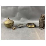 Antique Lidded Brass Bowl Owl & More!