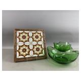 Mexican Tile Art & MCM Wavy Green Glass Bowls