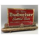 Antique Budweiser Glass Sign On Brass & Wood Stand
