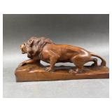 Vintage Signed Wooden Hand Carved Lion Statue