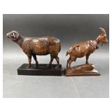 Vintage Carved Ram & Goat Wooden Sculptures