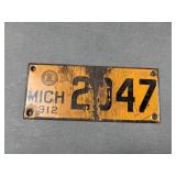 Antique 1912 Michigan Porcelain License Plate