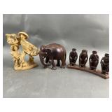 Wood Carved Hear No Evil Monkeys, Elephant & More