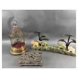 Brass German Bird Novelty, Carved Stone Elephants