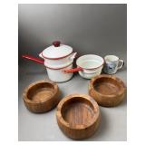 Enamelware Pots, Dansk Teak Bowls & More