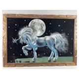 MCM Signed Black Velvet Unicorn Painting