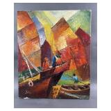 Signed Jillian Textured Abstract Boat Painting