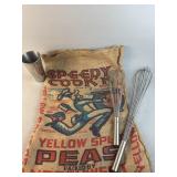 Speedy Cookin Burlap Sak, XL Whisks & More