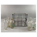 Vtg Wire Milk & Variety of Vtg Glass Milk Bottles