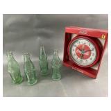 Vintage Glass Coca Cola Bottles & Wall Clock