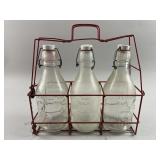 Vtg Milk Carrier, Bottles & Lock with Keys