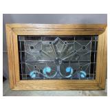 Vtg Stained Glass w/Wood Frame, Bevels & Jewels