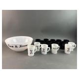 Mckee Tom & Jerry Milk Glass Punch Bowl Set and