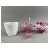 Vtg Fenton Cranberry Hobnail Ruffled Vase & More