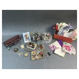 Vtg Buttons, Beads, Handkerchiefs, Jewelry & More