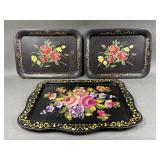 Vintage Hand-Painted Black Toleware Metal Trays
