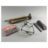 Antique Bugle, Echo Hohner Harmonica & Eyeglasses