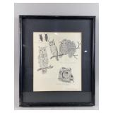 Vtg Pencil Lithograph Studies of the Owl 1982