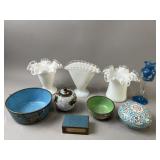 Vntg. Small Glass Vases & Enamel Dishes