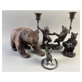 Carved Wood Bear, Brass Candle Holders & More