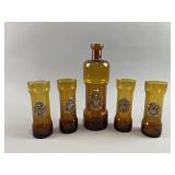 Vtg Amber Glass Decanter & Glasses