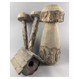 Carved Wood Mushrooms & Birdhouse