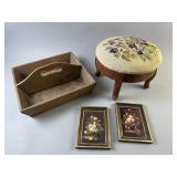 Antique Needlepoint Stool, Handled Wood Tray, More