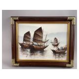 Framed Vtg Oil Painting Junk Boats by P. Wong