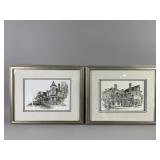 Vtg Framed Print of Hedges & Tabby House