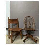 Vintage Elm & Leather Chair & Wooden Swivel Chair