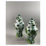 Green & White Botanical Themed Ginger Jar Pair