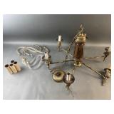 Vintage Chandelier w/ Wood Column & Brass Arms