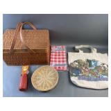 Lot of Picnic Basket, Tablecloth, & More