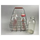 Vintage Glass Milk Bottles & Metal Crate