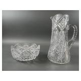 Heavy Cut Glass Handled Pitcher & Bowl
