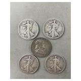 5- Silver Half Dollars Standing Liberty & Franklin