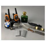 Untested Motorola Walkie Talkies, Knives, & More