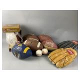 Lot of Footballs, Baseballs, & Baseball Gloves