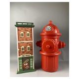 Vintage Toy Fire Station & Blow Mold Fire Hydrant