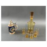 Vintage Amber Glass Liquor Set & Stein