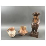 Hand Carved Wooden Man & Pottery