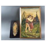 Vintage Hand Painted Wood Carved Plaque & More