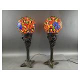 (2) Art Nouveau Style Stained Glass Globe Lamps