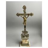 Antique French Crucifix Brass Cross on Marble Base